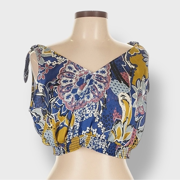 Free People Crop Top Large Blue Gold Weekend In Montauk Floral Smocked NWT - Picture 3 of 14